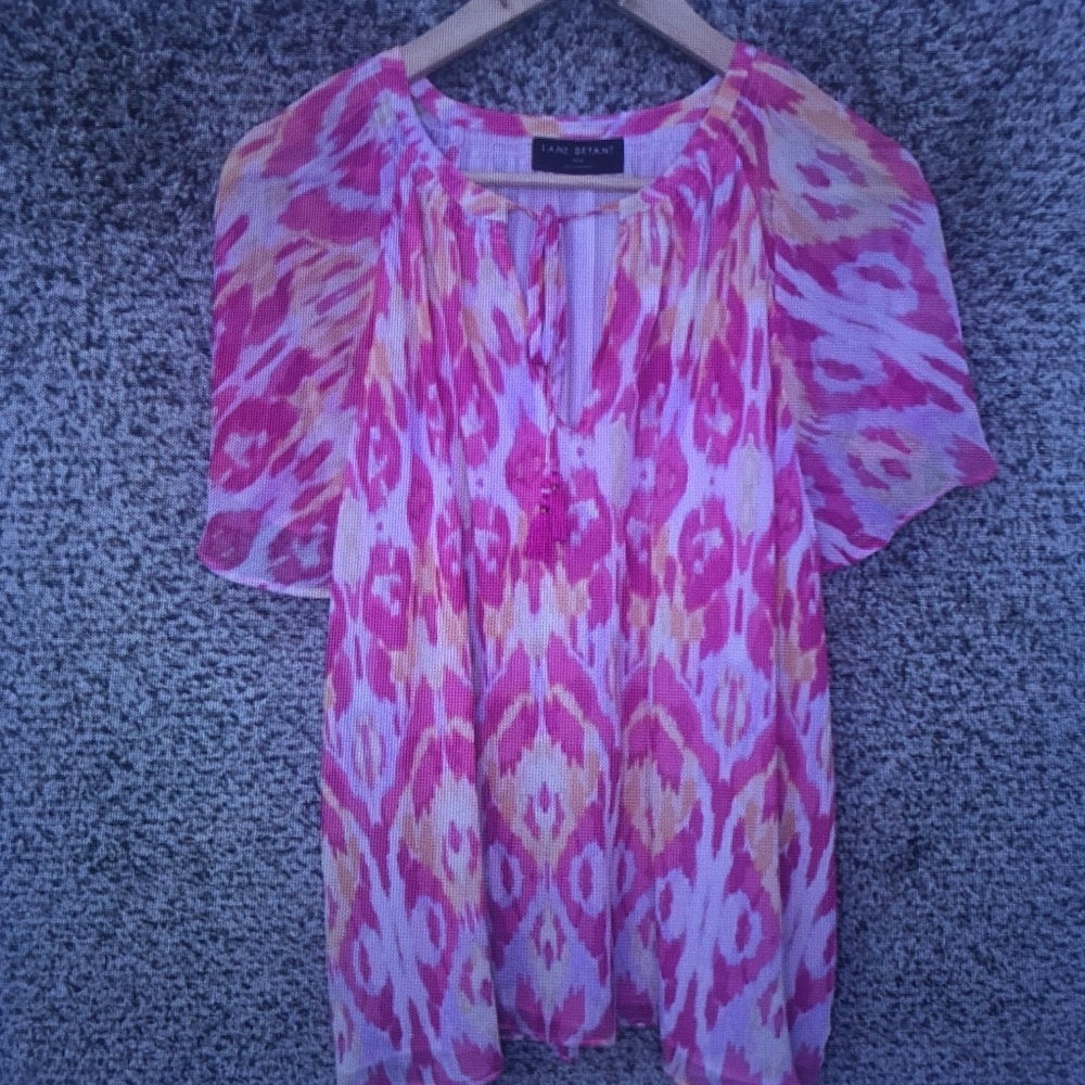 Lane Bryant Pink and Cream Short-Sleeve Patterned Blouse